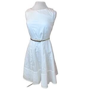 Calvin Klein White Eyelet Gold Belted Fit & Flare Dress size 6 Bridal